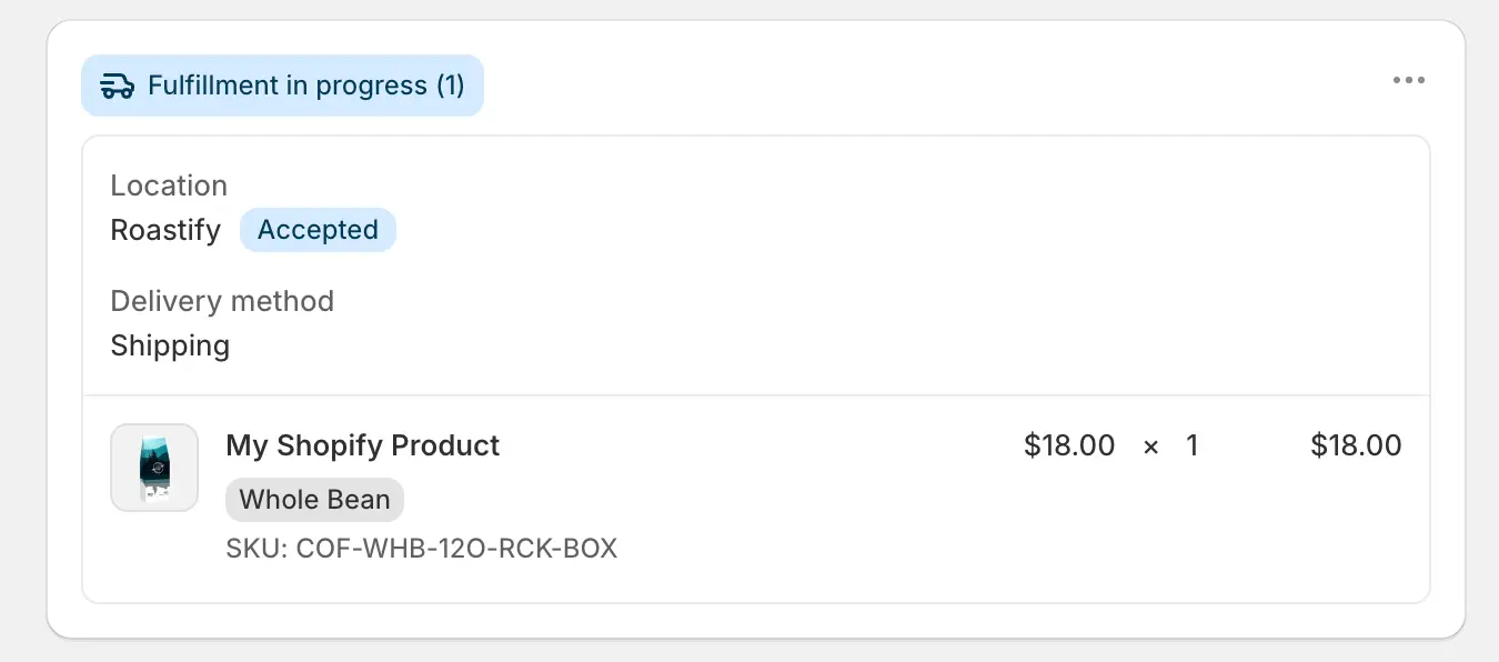 Shopify order showing Fulfillment in progress, location Roastify, and an Accepted status.