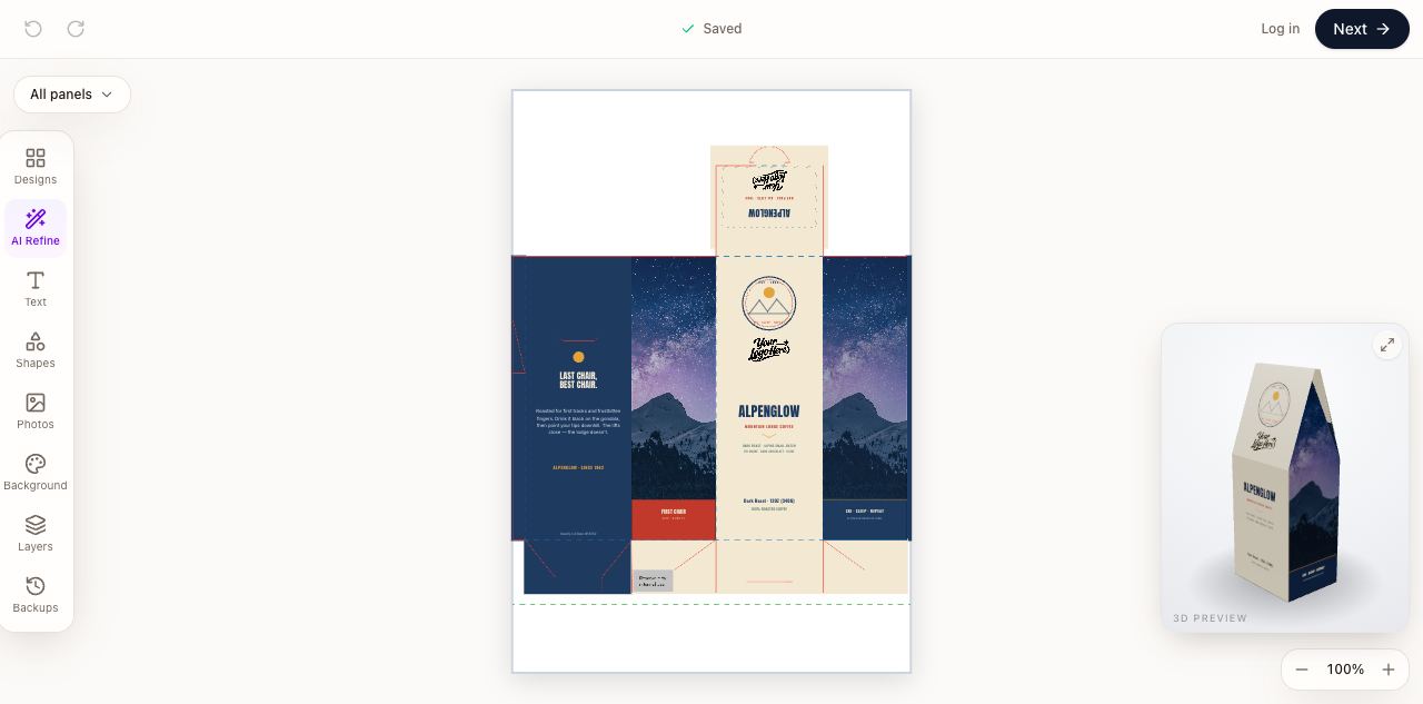 Designer tools next to a complete flat package layout and 3D carton preview