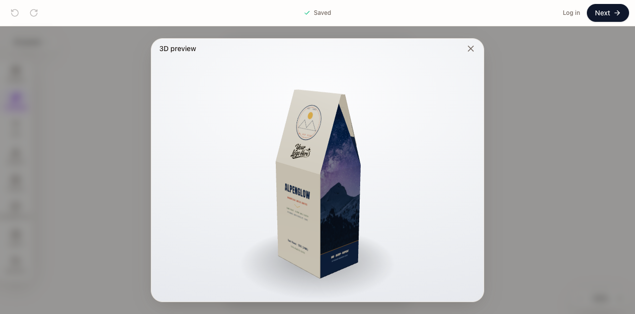 Expanded 3D preview showing the Alpenglow carton front and side