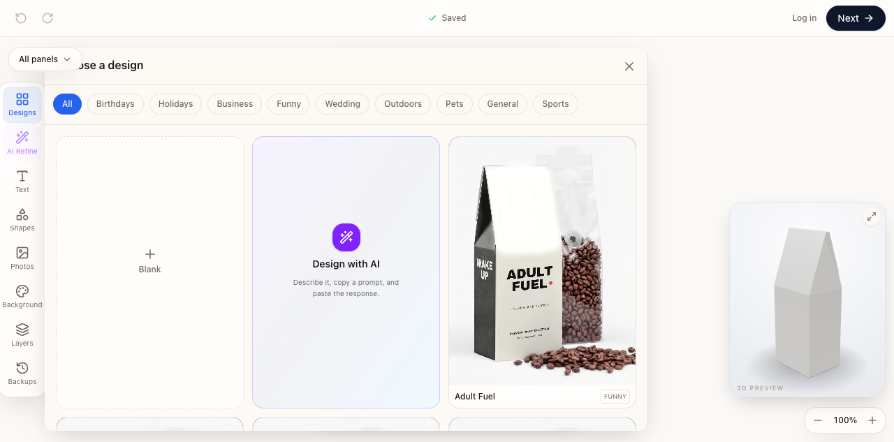 Guest Designer offering a blank design, Design with AI, and packaging templates