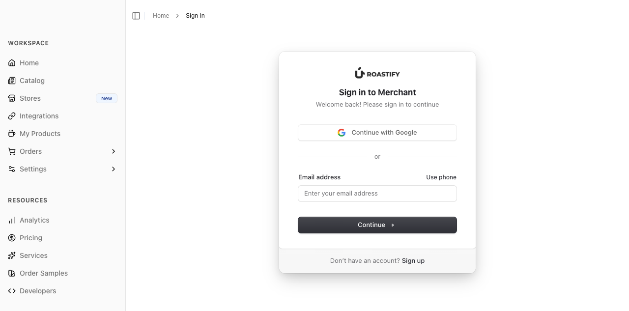 Roastify sign-in form with Google and email options